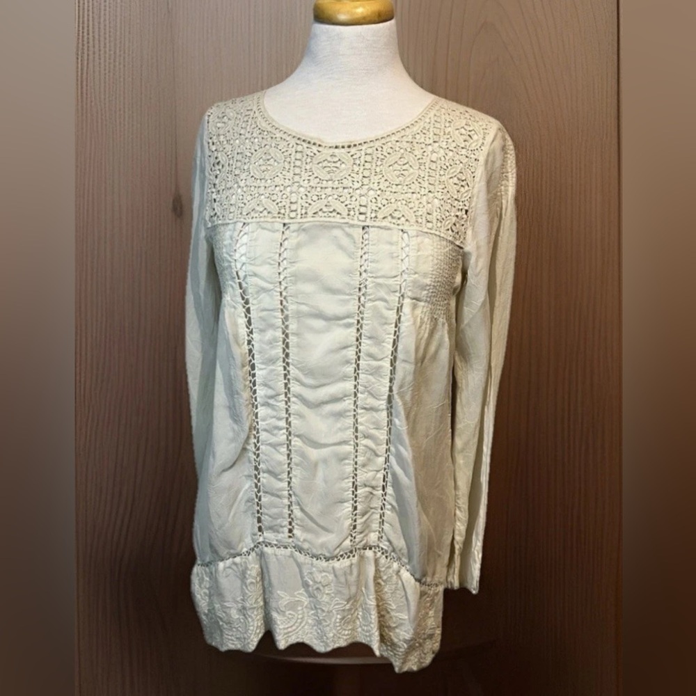 JOHNNY WAS Boho Lace Tunic Mini Dress Ivory Small Crochet Festival Top EUC Rare